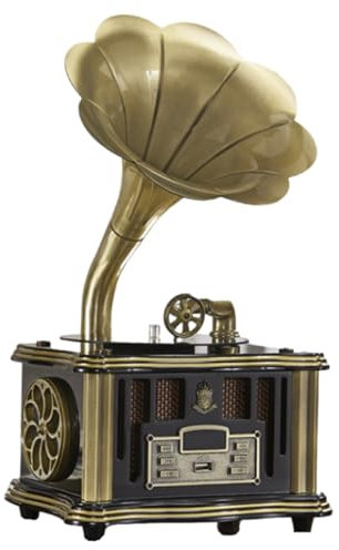 Retro Phonograph Record Player, Nostalgic Vintage Gramophone with Wireless Bluetooth Speaker and FM Radio for Cell Phones, Tablets, Laptops,Black
