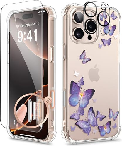 GVIEWIN Kompatibel mit iPhone 16 Pro Hülle,[Kamerasteuerung Button]mit Display+Kameraschutz,Stoßfest Fallschutz Kratzfest Klar Nicht gelb Blumen Dünn Handyhülle,Verführerischer Schmetterling