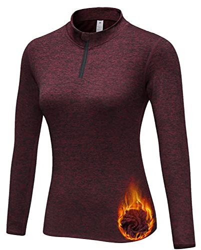 WOWENY Sportshirt Damen Langarm Funktionsshirt Laufshirt Winter Thermo Oberteil Sweatshirt Damen Ohne Kapuze Sport Langarmshirt mit Reißverschluss Fitness Wandershirt Atmungsaktiv U-Rotwein L