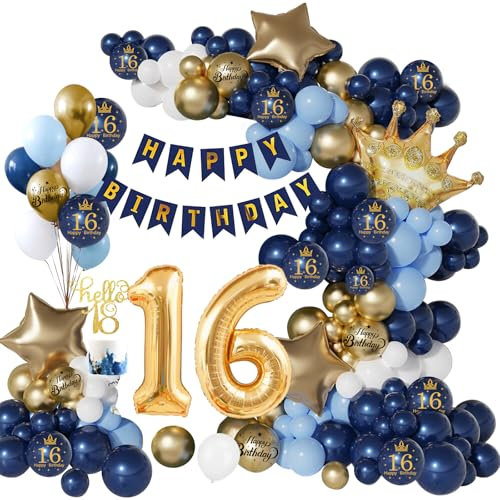 16th Birthday Decorations for Boys Girls, Navy Blue Gold Balloon 16th Birthday Party Decorations,16th Happy Birthday Banner, Happy Birthday Garland Balloons Navy Blue Gold Decor for 16th