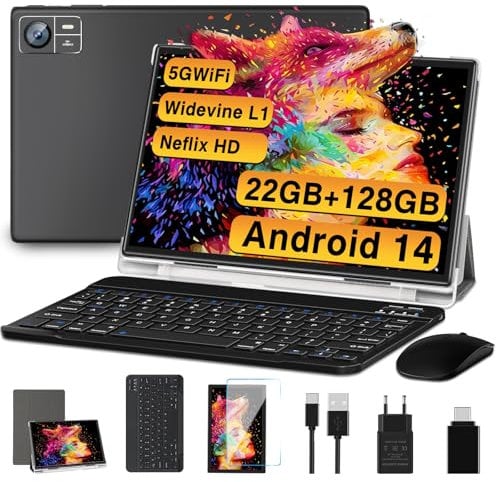 SUAAT Newest Tablet Android 14 10 Pollici 22GB RAM+128GB ROM(1TB TF), 8000 mAH,Octa-Core T606,2.0Ghz, WiFi5G+2.4G, GPS, 8MP + 5MP, Bluetooth 5.0, Cast, Tablet PC con Custodia, Tastiera e Mouse, Nero