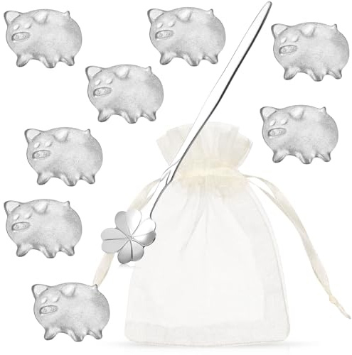 Namalu 8 Stück Zinngießset mit Löffel, Schweinchen | Mit Organzabeutel, Zinn Giessen, Neujahr, Silvestergießen, Wahrsagerei, Partyspiel, Gesunde Bleigießen Alternative