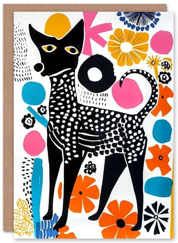 Artery8 Pet with Flowers Dog Lover Abstract Folk Art Blank For Him Or Her Art Birthday Card