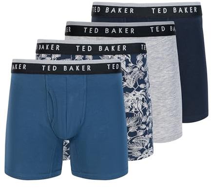 Ted Baker Herren 4er-Pack Boxershorts aus Baumwoll-Stretch Retroshorts, Denim/Leaf Print/Grey Heather/Sky, Large