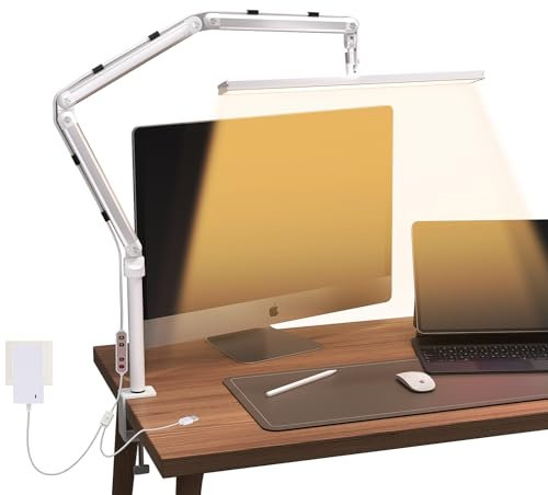 Lmaqfum LED Desk Lamp with Clamp, 40cm Adjustable Desk Light, 3 Colour Modes & Dimmable Desk Lighting with Rotatable Swing Arm Craft Light for Work, Reading, Beauty