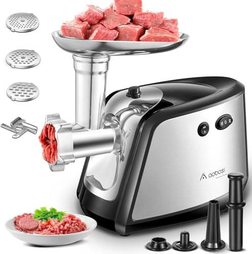 Aobosi Elektrischer Fleischwolf 3-IN-1 Multi Fleischwolf mit 3 Edelstahl-Schleifplatten, Kubbe & Wurstfüllrohren,1200W MAX Motor.