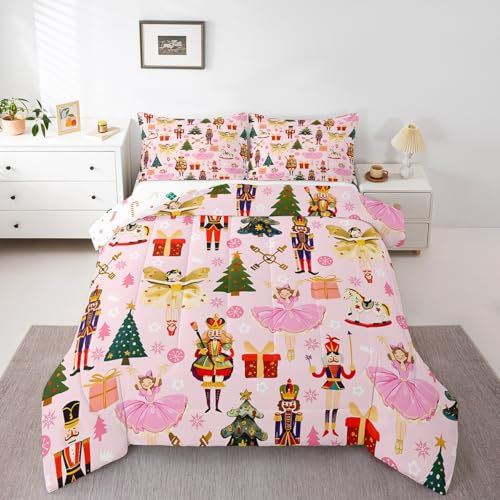 Homemissing Pink Nutcracker Bedding Set King Size Kids Merry Christmas Bedding Set for Boys Teens Royal Guarder Princess Snowflake Down Duvet Christmas Tree Duvet Set Room Decor Quilt Set