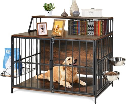 Heavy Duty Dog Crate Furniture - LitaiL Large Wooden Dog Kennel Indoor for Medium Large Dog, Wooden Side End Table Dog Crate Cage with Adjustable Raised Feeder, Brown Dog Kennel Furniture