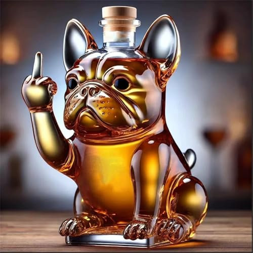 Bouteille d'alcool, Verre a Whisky, Bouteille de Whisky en Forme de Bouledogue Français Drôle Montrant Son Majeur pouces Carcane en verre Transparent pour le vin, la tequila, le caraftre vin (A)