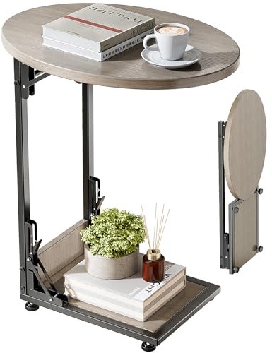 Bomclap Couchtisch, Klappbarer Sofatisch C Form, Kleiner Beistelltisch, Kaffeetisch mit Metallgestell für Wohnzimmer Schlafzimmer Büro, 40 x 33 x 64,5 cm (Grau)
