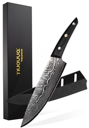 nuovva Ultra-Sharp Chefs Knife – 8 Inch Damascus Japanese Steel Kitchen Knives – 67 Layer Steel with Ergonomic Polished Rosewood Handle – Includes Sheath & Giftbox