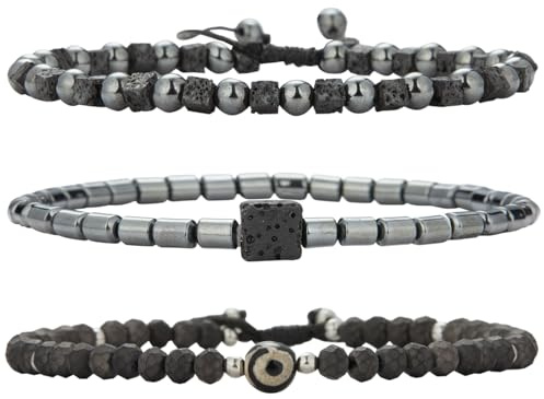 Dazylleco 3 Stück Perlenarmband für Herren Naturstein Armband Schwarz Edelstahl Leather Armkette Armband Verstellbare Schmuck Set Herren Geschenk Vatertag für Männer
