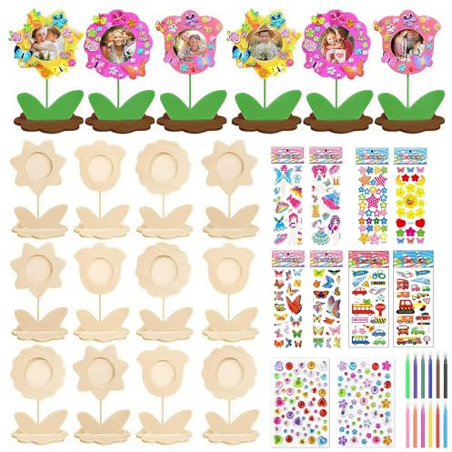 QITIXI:OU Bilderrahmen Holz Set zum Bemalen - 12 Stück Holzblumen zum Bemalen, 3D Blumen Bastelset Kindergeburtstag für DIY-Bastelarbeiten, Heimdekoration mit Aquarellstifte und 3D Glitzersticker (A)