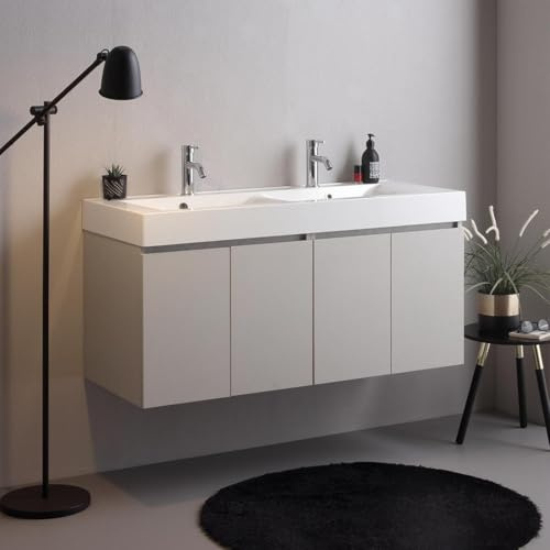 KIAMAMI VALENTINA - 4-türiger Unterschrank 120 cm in perlgrauer Farbe mit Doppelwaschbecken aus Mineralguss| Valentina