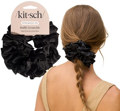 Kitsch Recycled Satin Ruffle Scrunchie – Gentle Hair Scrunchie for Women, Eco-Friendly Hair Tie No Damage, Stylish Ponytail Holder | Ideal Gifts for Women - Black
