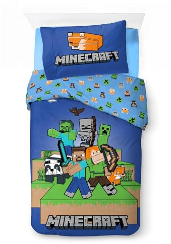 Minecraft Ready to Survive Kinderbettwäsche 140x200 + Kissenbezug Blau | Wendebettwäsche Einzelbett | Bereit, sich der Nacht zu stellen | Atmungsaktive Baumwolle Oeko-Tex | 6-14 Jahre