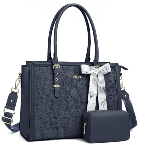 MOSISO Laptoptasche Damen, 15,6 Zoll Arbeitstasche Handtasche Aktentasche | PU Leder Arbeitstasche Lehrer Shopper Business Tasche, Hibiskus-Prägung Tote Bag mit Seidenschal&Clutch, Haze Blau