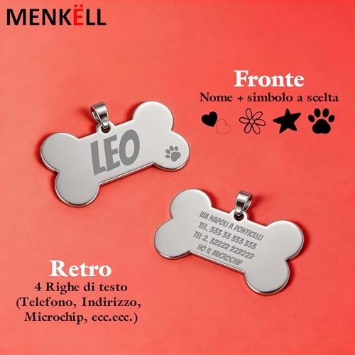 MENKËLL - Medaglietta Cane Personalizzata a Forma di Osso in Acciaio Lucido 50×30 mm, 20 g– Targhetta Cane con Incisione Laser di Nome e Dati – Simboli - Colore Argento (Argento)
