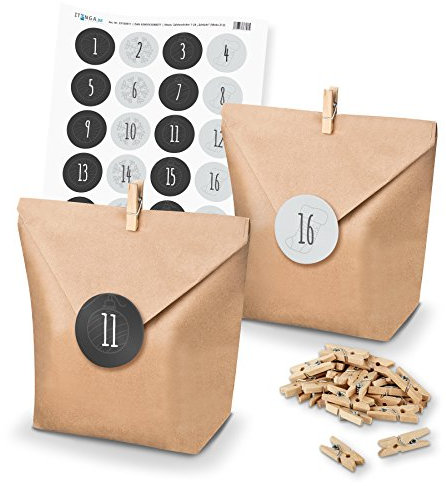 DIY itenga AdventskalenderSet zum Selberbefüllen Geschenktüten + Klammern + Sticker (Adventskalenderzahlen) (Motiv Z13 Grautöne Schlicht)