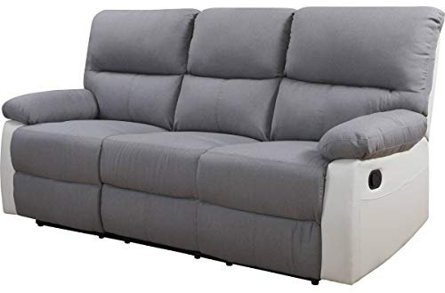 Habitat et Jardin - Canapé Relax en Simili et Tissu Lincoln 3 Places Blanc et Gris Clair - Fauteuil Relax Design Moderne - Canapé Inclinable Résistant et Confortable