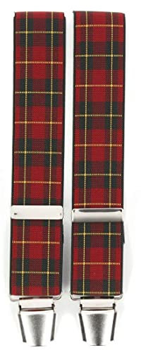 Tony & Paul. Bretelle. 4 clips LOCH NESS, Viscose. Rouge écossais. carreaux. FABRIQUE EN ITALIE.