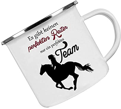 Crealuxe Emaille Tasse Es gibt keinen perfekten Reiter... - Kaffeetasse mit Motiv, Campingtasse, bedruckte Emailletasse mit Wunschtext