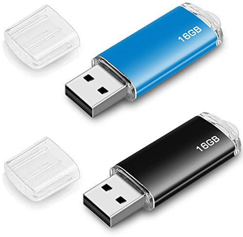 Memorias USB 16GB, 2 Unidades Pen Drive 16 GB USB Unidad Flash Memoria Stick 16GB con Llavero Colgante para Almacenamiento de Datos (Azul, Negro)