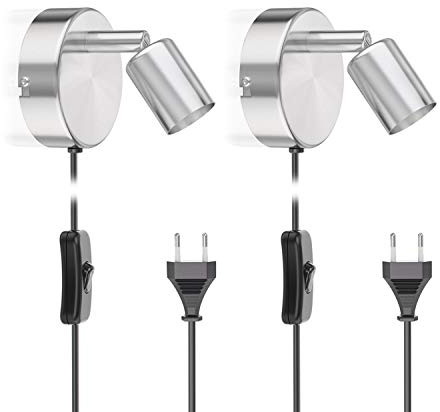 ledscom.de 2 Stück Leselampe/Wandleuchte LUNARA, Schalter, Stecker, edelstahl matt, 1x GU10 max. 25W
