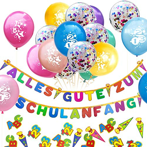 Oblique Unique® Schuleinführung Schulanfang Einschulung Deko Set für Junge und Mädchen - Alles Gute zum Schulanfang Girlande + Konfetti Luftballons + ABC 123 Konfetti