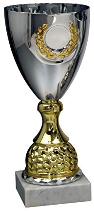 Henecka Pokal Serie Klondike, Silber-Gold, mit Wunschgravur und auswählbarem Sport-Emblem, Größe 33,7 cm