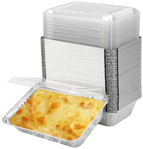 KEILEOHO 125 Pack 2.25lb 8.4 x 5.9 Inch Aluminum Foil Pans, Disposable Takeout Pans with Clear Lids, Disposable Food Containers for Cooking, Baking, Prepping Food, Takeout, Heating, Storing