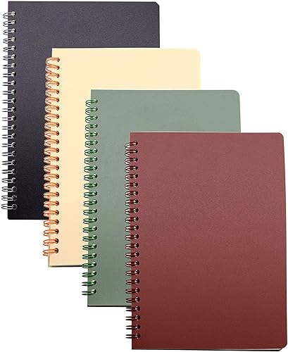 Yansanido SpiralNotizbuch, 4 Stück, 21,6 x 15,9 cm, A5, dicker Kunststoff, Hardcover, 8 mm, liniert, 4 Farben, 80 Blatt, 160 Seiten, Tagebücher für Studium und Notizen (Stil 10, weinrot, braun,