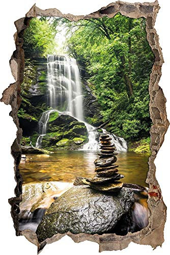 3D-Effekt Wandtattoo Aufkleber Durchbruch selbstklebendes Wandbild Wandsticker Stein Wanddurchbruch Wandaufkleber Tattoo,Zen Steine vor Wasserfall,Größe:70x110cm
