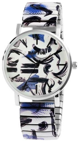 Raptor Colorful Edition Ausgefallene Damenuhr Bunt | Armbanduhr Damen außergewöhnlich mit Zugarmband | Besondere Damenarmbanduhr – Modische Uhr Frauen Senioren (weiß blau schwarz)
