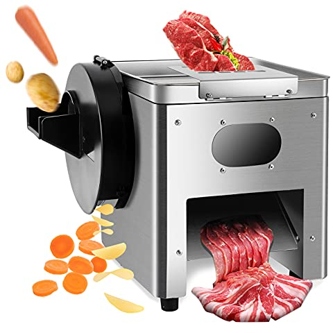 Moongiantgo Commercial Meat Cutter Cutting Machine Electric Vegetables Slicer 882LBS/H Stainless Steel Meat Strips Cubes Slicer for Meat Hard Vegetables Fruits (21mm Blade, Double Feed Inlet)