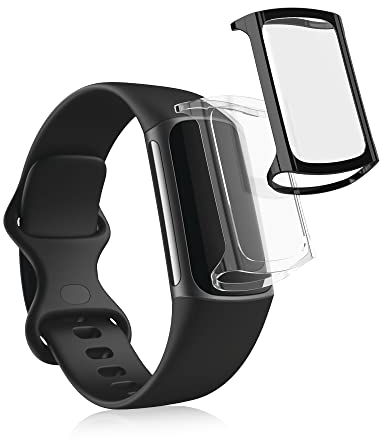 kwmobile 2X Schutzhülle kompatibel mit Fitbit Charge 6 / Charge 5 Hülle - Fullbody Cover Set aus Silikon - Transparent Schwarz