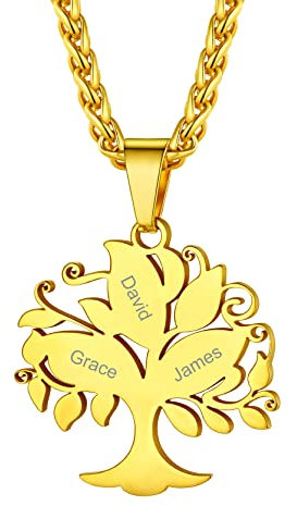 GoldChic Collier Personnalisé 3 Prénom Arbre de Vie Pendentif Femme Enfants Argent 925 Amitie bff Genealogique Chaine Spiga 55cm Acier Inoxydable Cadeau Maman Doré Bijoux Fête des Mères Noël Mariage