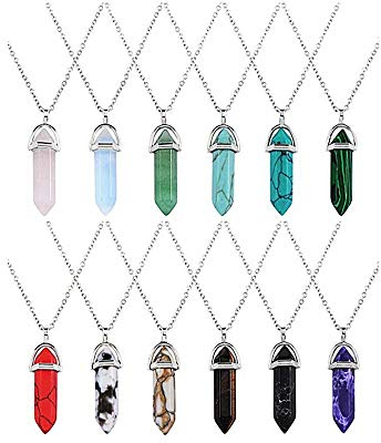 YiYaO Colgante de Cristal Hexagonal, Colgantes de Piedra Preciosa de Bala 12 Piezas Colgante de Cristal Hexagonal Collar de Cadena Collar con Piedra de Cuarzo con Bolsa de Almacenaje, 12 Colores