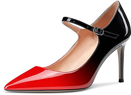 Saekcted Damen High Heels Pumps Mary Jane Schuhe Spitze Zehe Stilettos Abendschuhe 8CM Heel Rot Schwarz Lackleder 37 EU