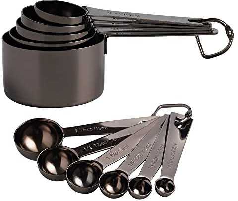 16-Teiliges Edelstahl-Messbecher- Und -Löffel-Set, Robuste Metall-Messbecher Und -Löffel Zum Kochen Und Backen in Der Küche, Inklusive 5 Bechern, 6 Esslöffeln Und 5 Mini-Löffeln (Schwarz)