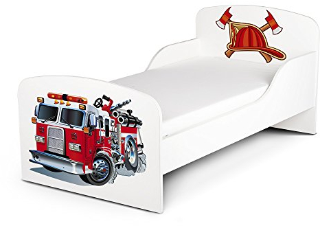 Leomark Funktionsbett aus Holz - Feuerwehrauto - Kinderbett mit Matratze, Holzbett mit Seitenschutz Lattenrost, Komplett Set für Kinder, Liegefläche 70/140 cm, UV-Druck