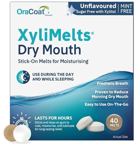XYLIMELTS - 40 självhäftande tabletter mot muntorrhet och karies - något söt - diskret och användbar på dag och natt mot torr mun när du vaknar - VEGAN