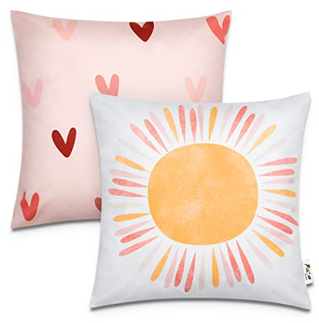 Paco Home 2er Set Kissenbezug 45x45 Kissen Kissenhülle Kopfkissenbezug Kinderzimmer Mädchen Jungen Kids Deko Sonne Herz Babyzimmer