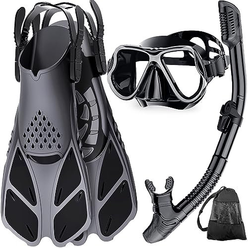 Zenoplige Snorkel Set Adults with Flippers, Snorkel Mask with Adjustable Swim Fins, Snorkelling Packages with Carrying Bag for Beginners and Snorkelers