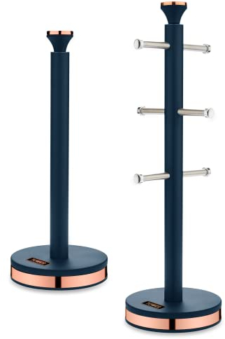 Tower Cavaletto Midnight Blue & Rose Gold Mug Tree & Towel Pole Matching Kitchen Storage Set