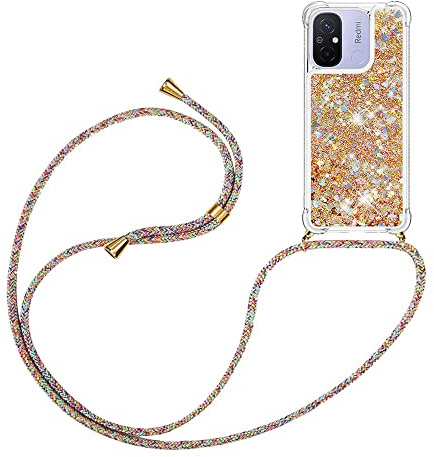 YAMCCCSE Handykette für Xiaomi Redmi 12C Hülle mit Band, Silikon Durchsichtig Transparent Flüssig Glitzer mit Kette Kordel Treibsand Necklace TPU Schutzhülle Case，Golden