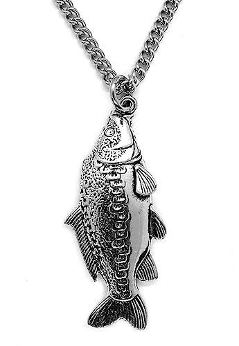 Mirror Carp Fish Pendant with 21inch Curb Chain Necklace and Grey Burlap Pouch