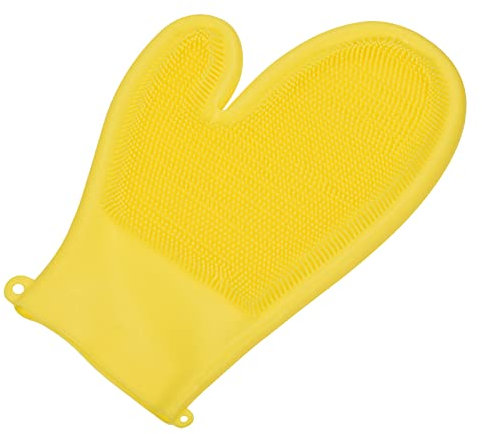 QUARKZMAN Lavavajillas Guantes con Estropajo Silicona Limuds Guantes Doble Cara Cepillo para Lavado Cocina Baño, Amarillo
