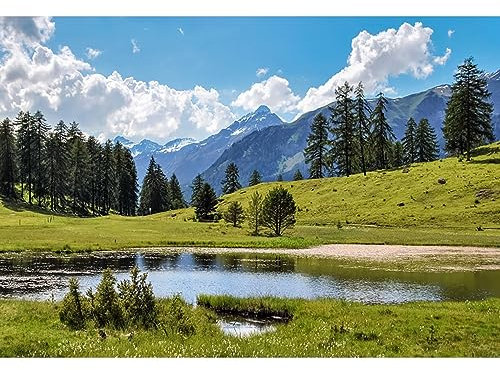 Renaiss 3x2m Bergsee Hintergrund Blauer Himmel Wolken Kiefer Bäume Wald Natürliche Landschaft Fotografie Hintergrund Outdoor Wandern Camping Kinder Erwachsene Portraits Video Foto Requisiten Vinyl
