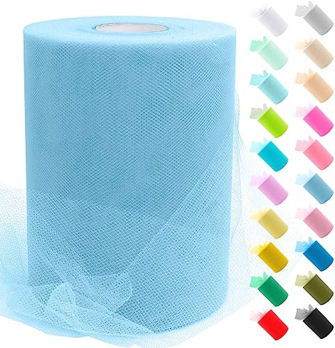 Uiopa Tulle Bleu Clair, 15cm x 91,4m Rouleau de Tulle en Polyester Maille Tissu pour Tutu Jupe, Deco Mariage/Fête, Deco Chaise Mariage, Noeud Cadeau, Artisanat DIY